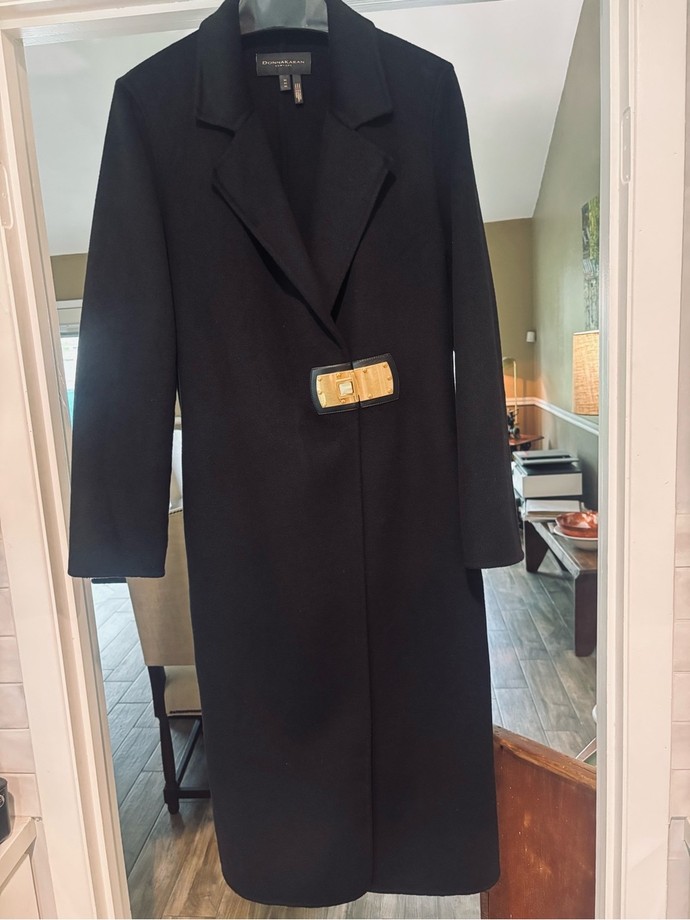 Donna Karan Black Long Coat with Gold Buckle Accent
